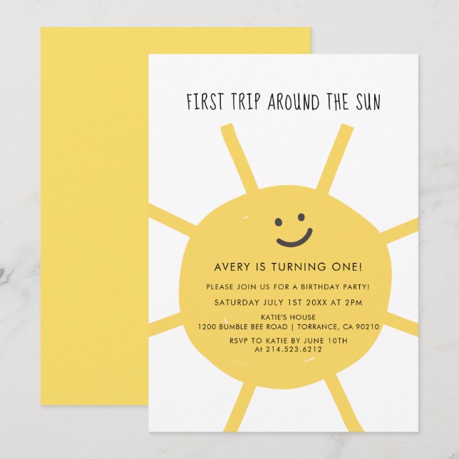 First Trip Around The Sun 1st Birthday Party Invit Invitation (Front/Back)