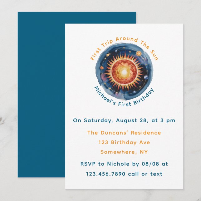 First Trip Around The Sun 1st Birthday Party Invitation (Front/Back)