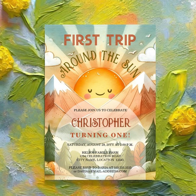 First Trip Around The Sun 1st Birthday Party Invitation (Celebrate your child's first birthday with this whimsical and retro sunshine birthday party invite.)