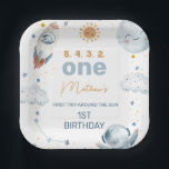 First Trip Around the Sun 1st Birthday Party Paper Plate<br><div class="desc">First Trip Around the Sun 1st Birthday Party Paper Plate

Outer space or first trip around the sun first birthday paper plate for a baby boy featuring a sun,  moon,  stars,  spaceship and astronaut in an orange and grey blue color.</div>