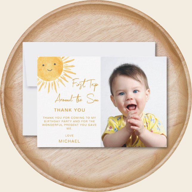 First Trip Around The Sun 1st Birthday Photo Thank You Card (Creator Uploaded)