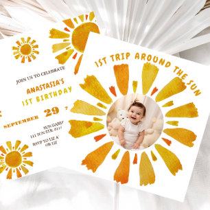 First trip around the sun birthday photo invitation