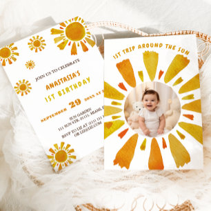 First trip around the sun birthday photo invitation