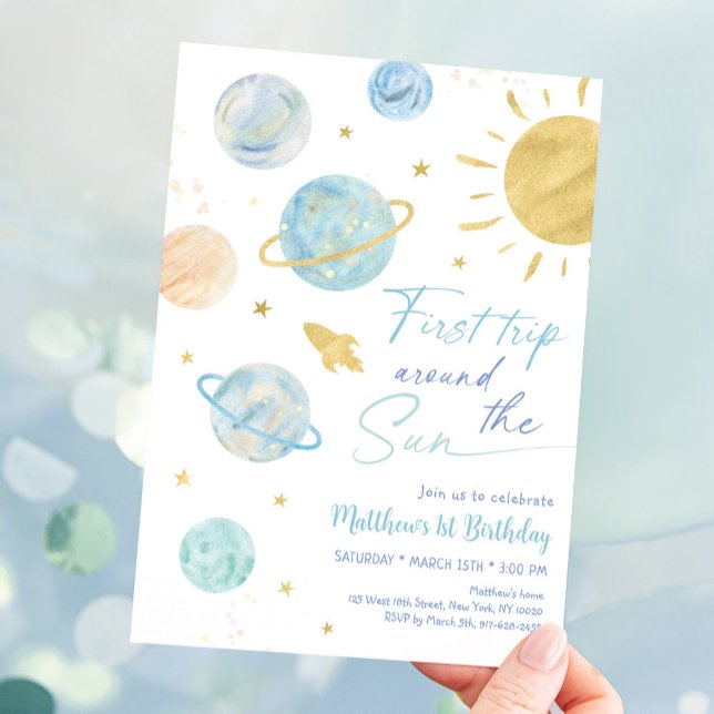First Trip Around the Sun Blue Space Birthday Invitation (Creator Uploaded)
