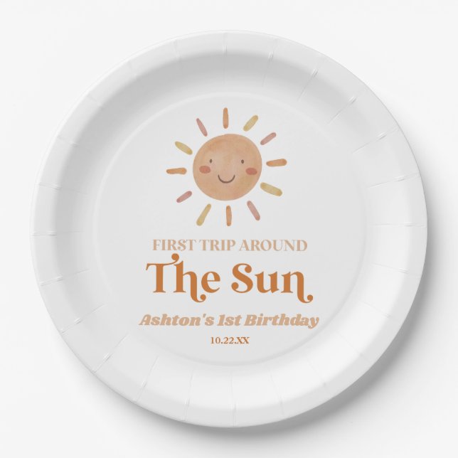 First Trip Around The Sun Boho 1st Birthday Party Paper Plate (Front)