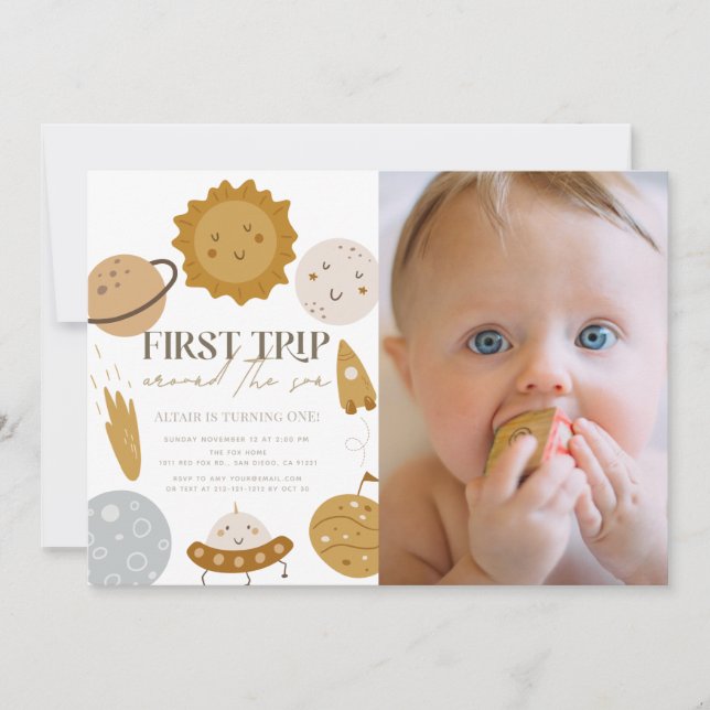 First Trip Around The Sun Boho 1st Birthday Photo Invitation (Front)
