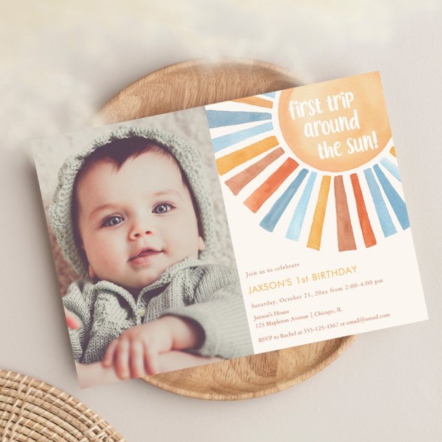 First trip around the Sun Boho 1st birthday photo Invitation (Creator Uploaded)
