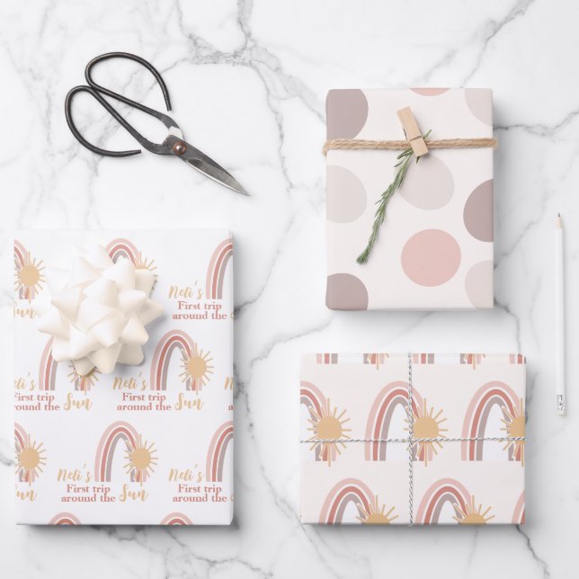 First Trip Around The Sun Boho Name Wrapping Paper Sheet (Front)