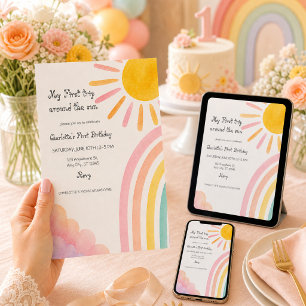 First Trip Around the Sun Boho Rainbow Baby Invitation