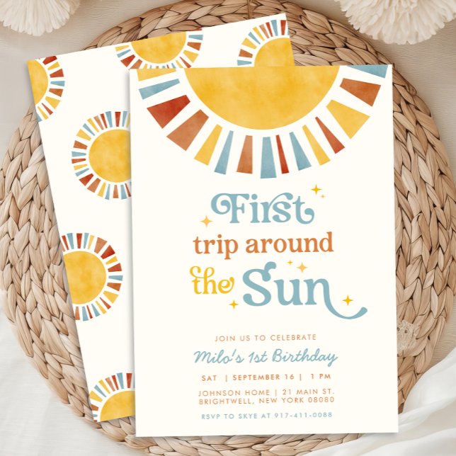 First Trip Around the Sun Boho Retro 1st Birthday Invitation (Creator Uploaded)