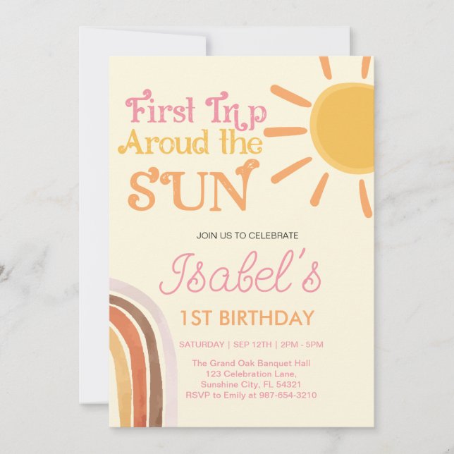 First Trip Around the Sun Boho Retro 1st Birthday  Invitation (Front)