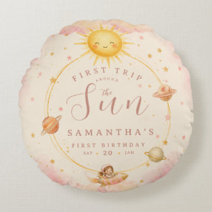First Trip Around the Sun First Birthday Girl Round Cushion
