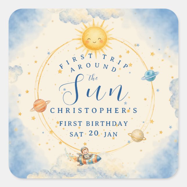 First Trip Around the Sun First Birthday Square Sticker (Front)