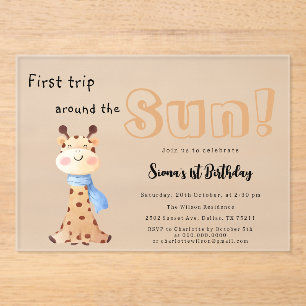 First Trip Around The Sun Giraffe 1st Birthday Acrylic Invitations