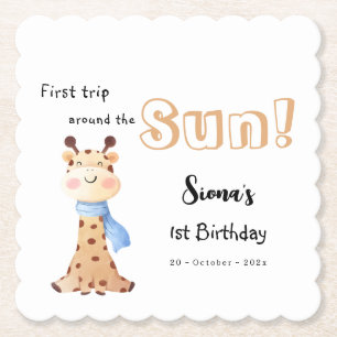 First Trip Around The Sun Giraffe 1st Birthday Paper Coaster