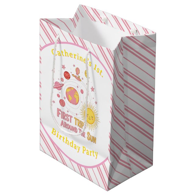 First Trip Around The Sun Girl 1st. Birthday Party Medium Gift Bag (Front Angled)
