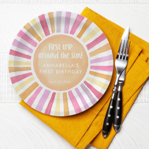 First trip around the sun girl first birthday paper plate