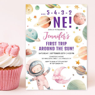First Trip Around the Sun Girl Space 1st Birthday  Invitation