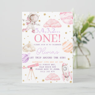 First Trip Around the Sun Girl Space 1st Birthday  Invitation