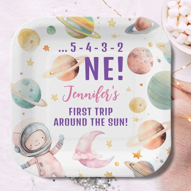 First Trip Around the Sun Girl Space 1st Birthday Paper Plate (Creator Uploaded)