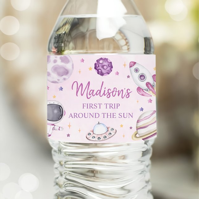 First Trip Around The Sun Girl Space 1st Birthday Water Bottle Label (Creator Uploaded)