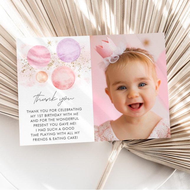 First Trip Around The Sun Girls 1st Birthday Photo Thank You Card (First Trip Around The Sun - Girl's 1st Birthday Pink Planet Thank You Card with Photo)