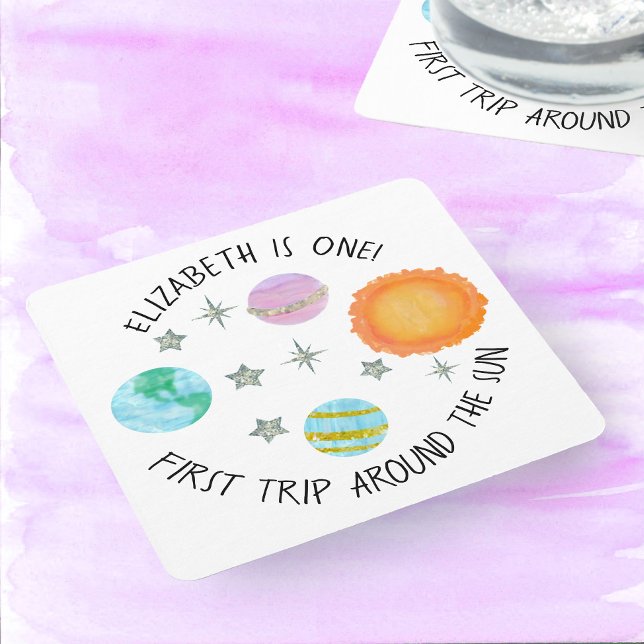 First Trip Around The Sun Girl's Birthday  Square Paper Coaster (Creator Uploaded)
