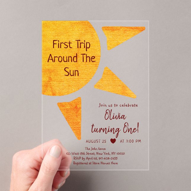 First Trip Around The Sun Gold Sunshine Birthday Acrylic Invitations (Insitu (Handheld))