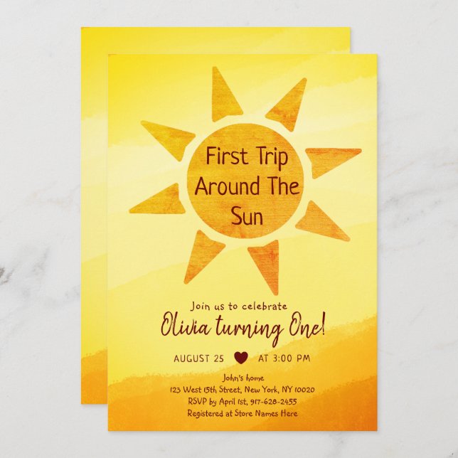 First Trip Around The Sun Gold Sunshine Birthday Invitation (Front/Back)