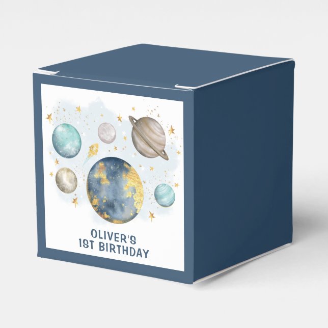First Trip Around the Sun Navy Blue Boy Birthday Favour Box (Front Side)