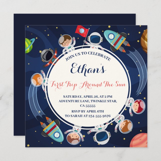 First Trip Around the Sun Outer Space 1st Birthday Invitation (Front/Back)
