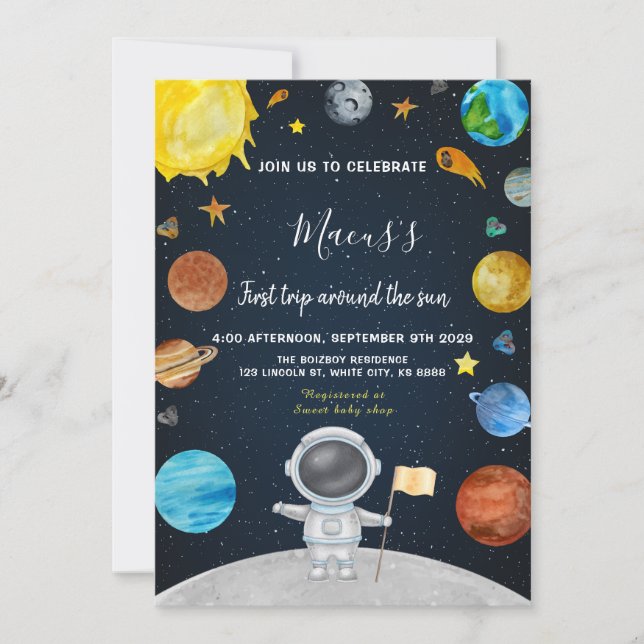 First Trip Around the Sun Outer Space Birthday Invitation (Front)