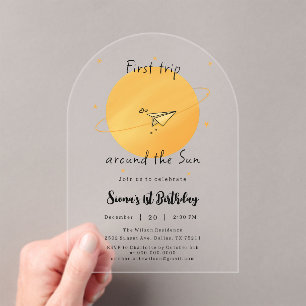 First Trip Around The Sun Paper Aeroplane Birthday Acrylic Invitations
