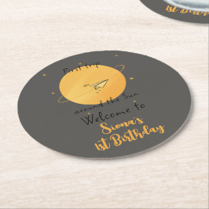 First Trip Around The Sun Paper Aeroplane Birthday Round Paper Coaster