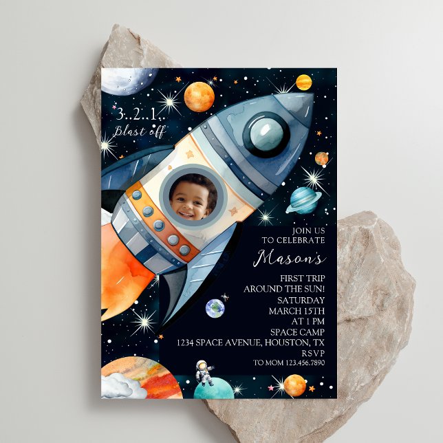 First Trip Around The Sun Photo Rocket Birthday Invitation (Creator Uploaded)