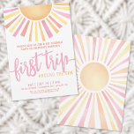 First Trip Around The Sun Pink 1st Birthday Invitation<br><div class="desc">Celebrate your little one's First Trip Around the Sun with this bright and cheerful 1st birthday party invitation. At the top, "First Trip" is featured in bold script calligraphy, setting a joyful tone. The design showcases a big sun with vibrant rays in yellow, orange, pink, and red, creating a playful...</div>