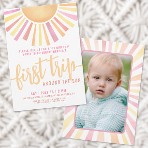 First Trip Around The Sun Pink Photo 1st Birthday Invitation