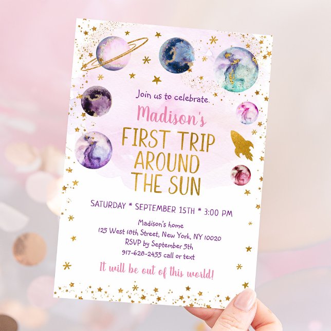 First Trip Around The Sun Pink Space Birthday Invitation (Creator Uploaded)