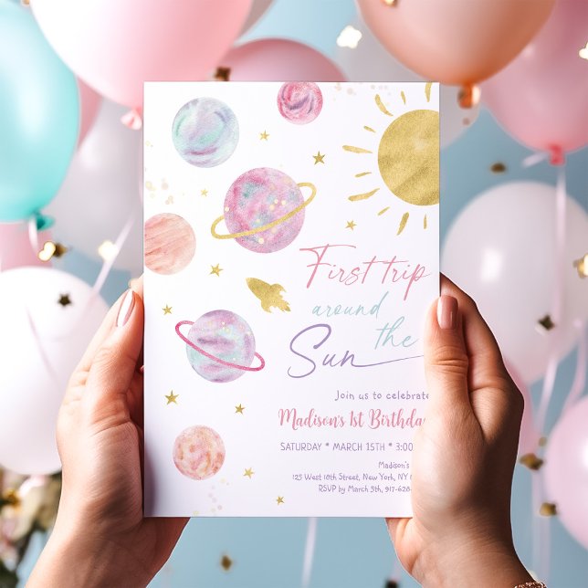 First Trip Around the Sun Pink Space Birthday Invitation (Creator Uploaded)