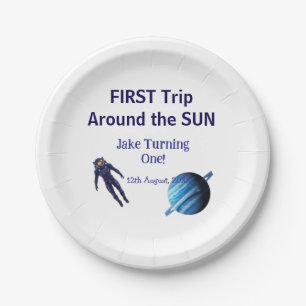 First trip around the sun planet astronaut birthda paper plate
