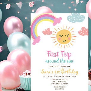 First Trip Around The Sun & Rainbow 1st Birthday  Invitation
