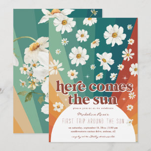 First Trip Around the Sun   Retro Daisy Rainbow Invitation