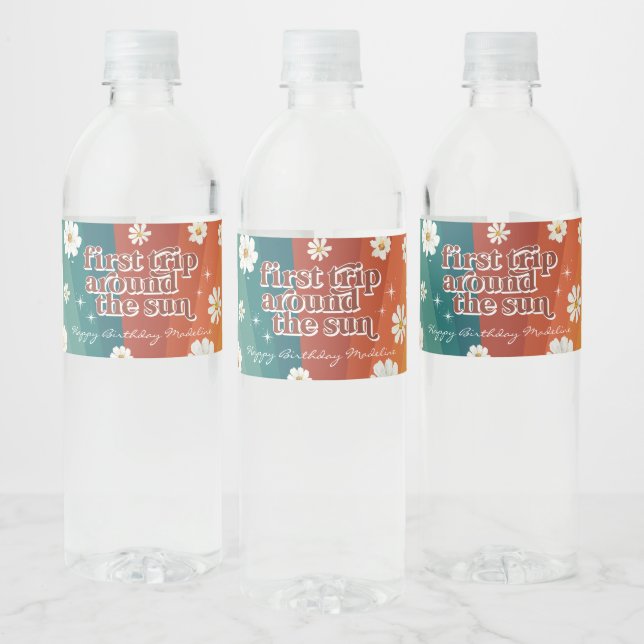 First Trip Around the Sun | Retro Daisy Rainbow Water Bottle Label (Bottles)