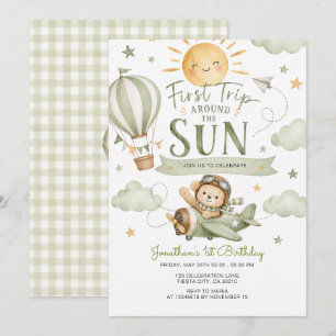 First Trip Around The Sun Sage Green Birthday  Invitation