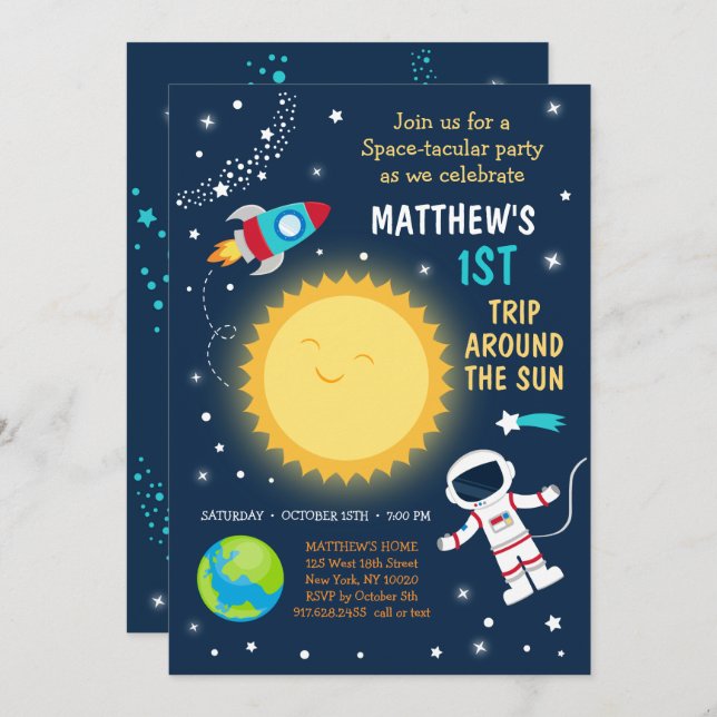 First Trip Around The Sun Space Birthday Invitation (Front/Back)