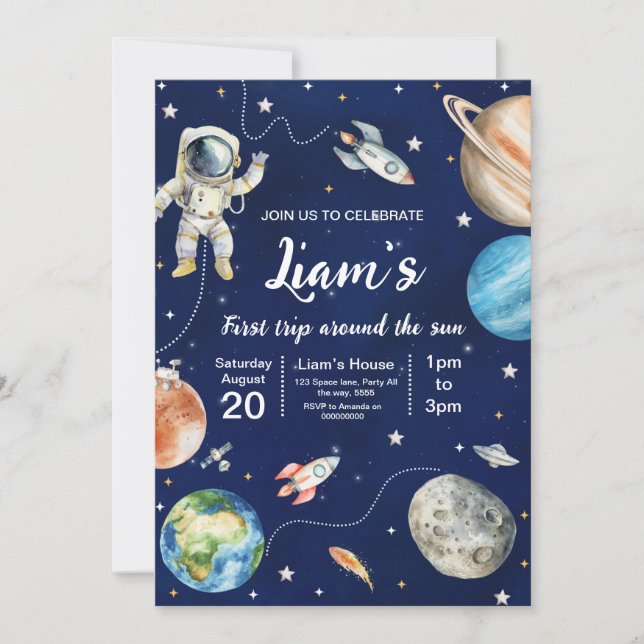 First Trip Around the Sun Space First Birthday  Invitation (Front)