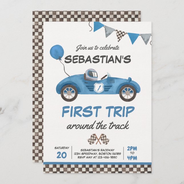 First Trip Around The Track Race Car 1st Birthday Invitation (Front/Back)