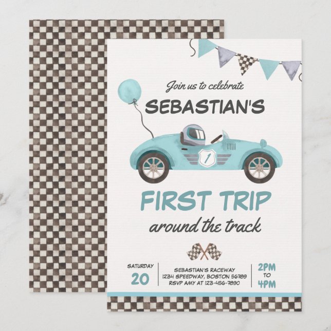 First Trip Around The Track Race Car 1st Birthday Invitation (Front/Back)