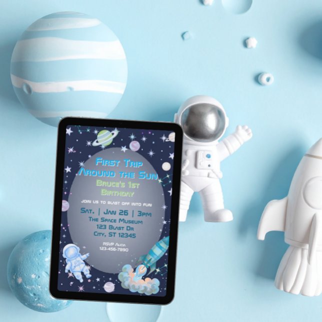 First Trip, Blue Green Space 1st Birthday  Invitation (Creator Uploaded)