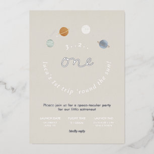First Trip Space Theme 1st Birthday Foil Invite